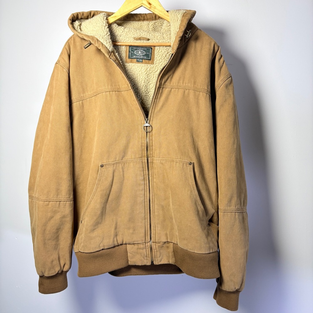 GH Bass Mens XXL Brown Duck Canvas Sherpa Lined Hooded Workwear Jacket Bomber